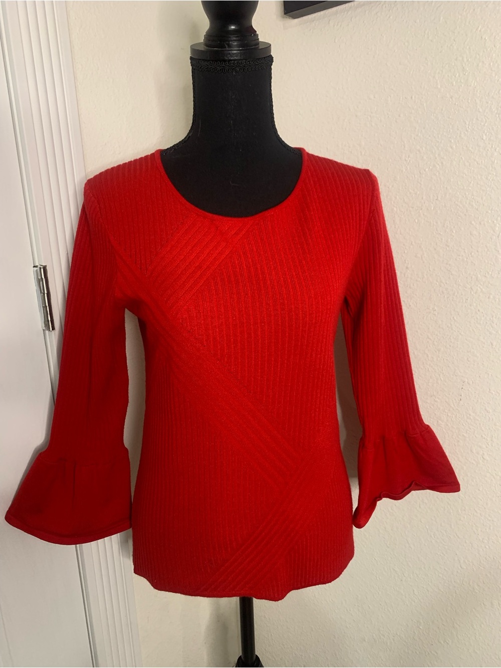 Karl Lagerfeld Red Ribbed Knit Top with Label Detail